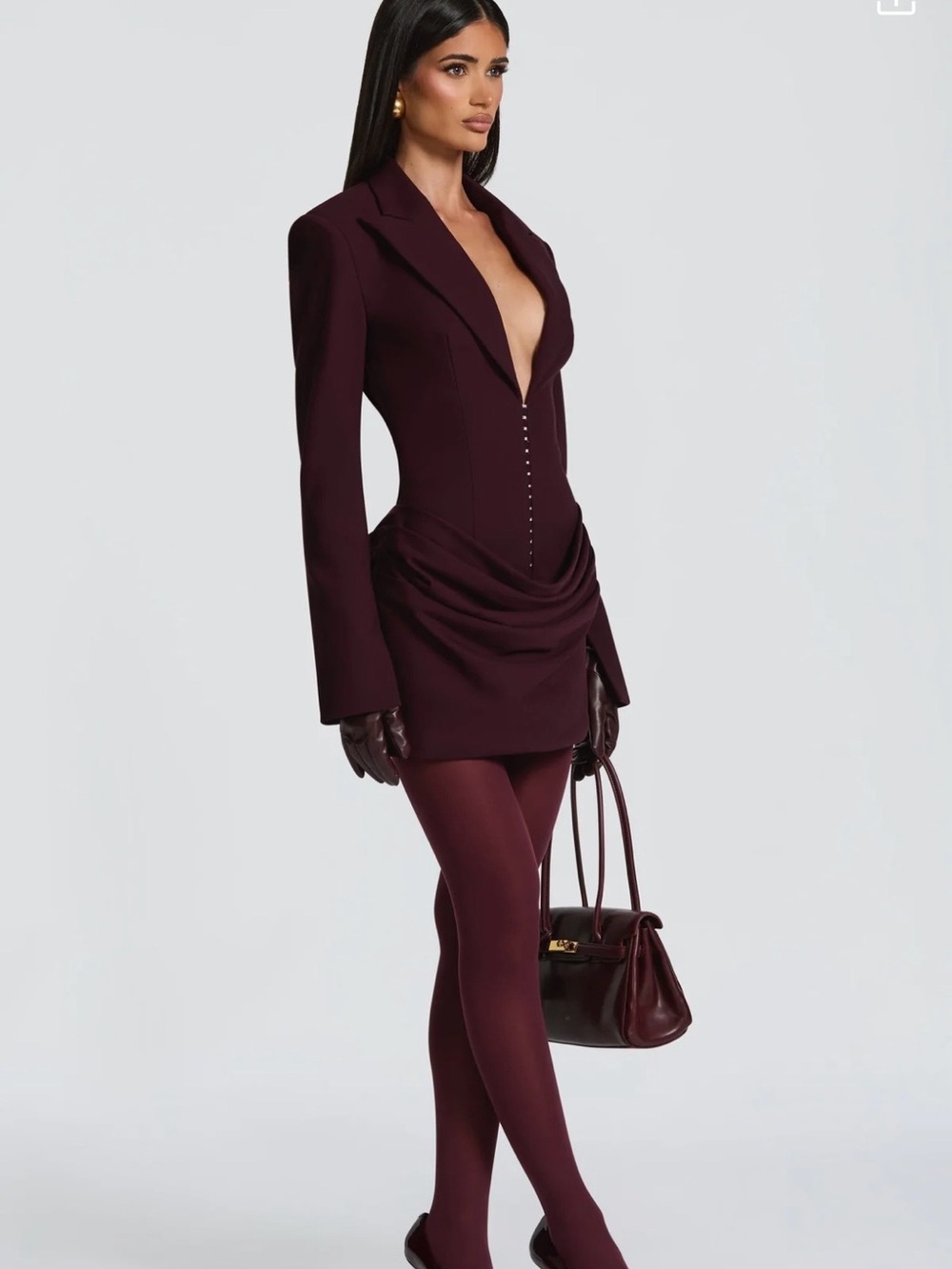 Plunge Blazer Mini Dress in Deep Burgundy - Picture 3 of 5